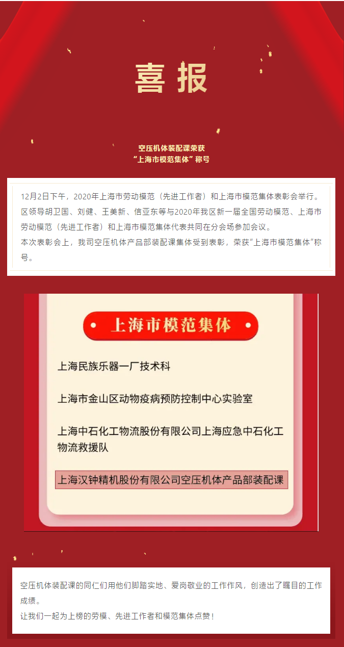 喜報(bào)！漢鐘精機(jī)空壓機(jī)體產(chǎn)品部裝配課獲得“上海市模范集體”稱號